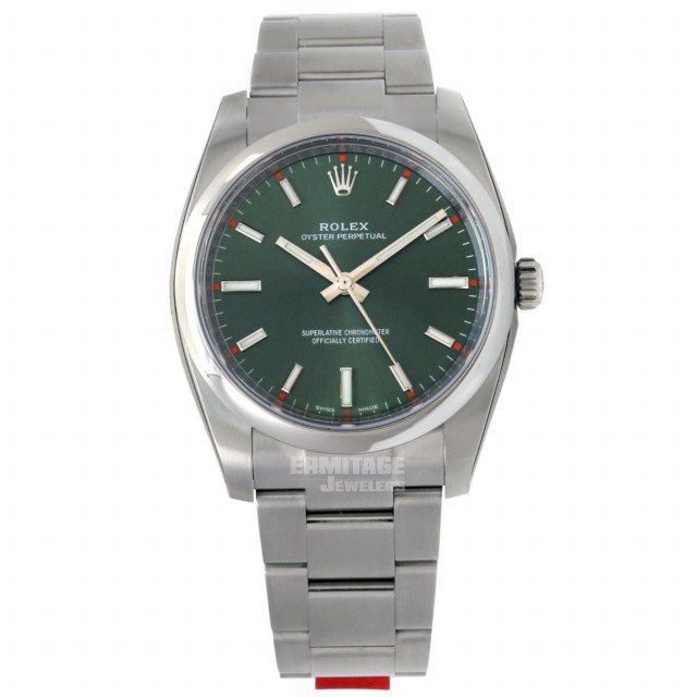 Rolex 114200 Steel on Oyster Olive Green with Luminous Index & Silver Arabic 3-6-9